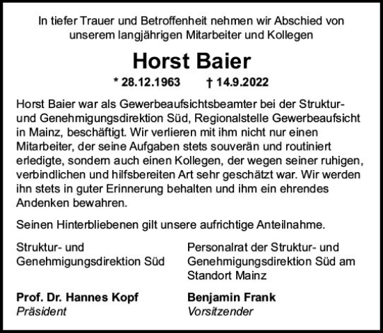 Traueranzeige von Horst Baier von vrm-trauer Allg. Zeitung Bad Kreuznach