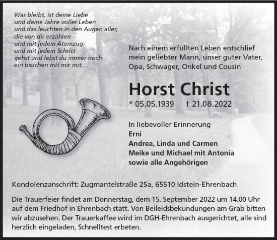 Traueranzeige von Horst Christ von vrm-trauer Idsteiner Zeitung