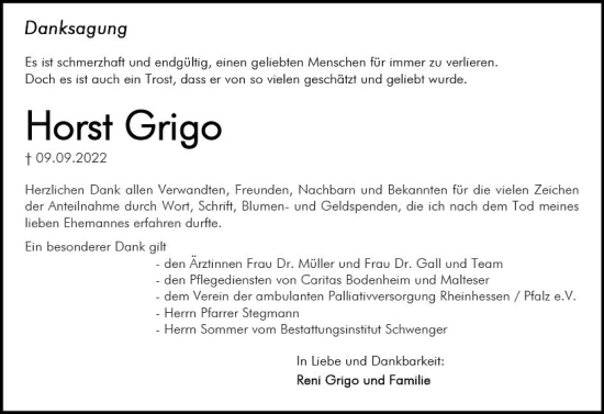 Traueranzeige von Horst Grigo von vrm-trauer Rüsselsheimer Echo / MainSpitze