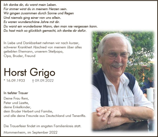 Traueranzeige von Horst Grigo von vrm-trauer Rüsselsheimer Echo / MainSpitze