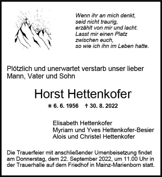 Traueranzeige von Horst Hettenkofer von vrm-trauer AZ Mainz