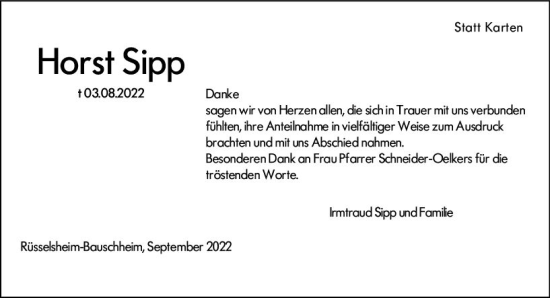 Traueranzeige von Horst Sipp von vrm-trauer Rüsselsheimer Echo / MainSpitze