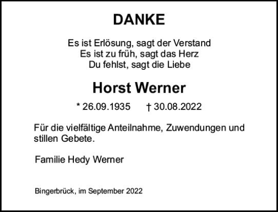 Traueranzeige von Horst Werner von vrm-trauer Allgemeine  Zeitung Ingelheim-Bingen