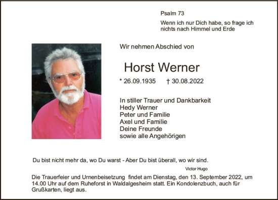 Traueranzeige von Horst Werner von vrm-trauer Allgemeine  Zeitung Ingelheim-Bingen
