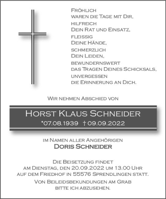 Traueranzeige von Horst Klaus Schneider von vrm-trauer Allgemeine  Zeitung Ingelheim-Bingen
