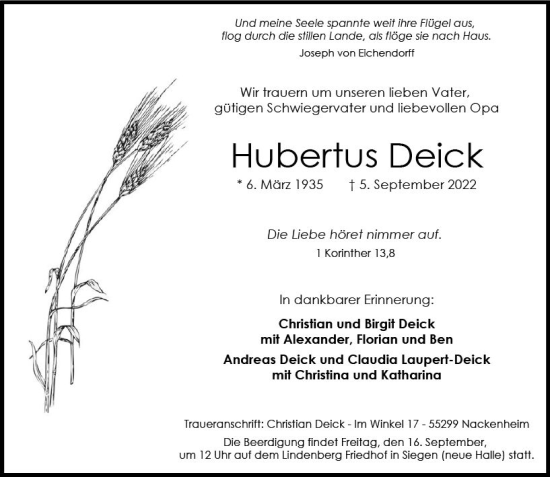 Traueranzeige von Hubertus Deick von vrm-trauer AZ Mainz