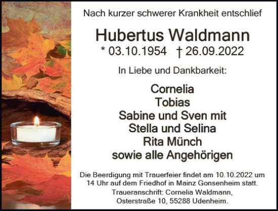 Traueranzeige von Hubertus Waldmann von vrm-trauer AZ Mainz