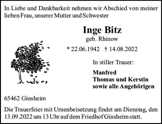 Traueranzeige von Inge Bitz von vrm-trauer AZ Mainz