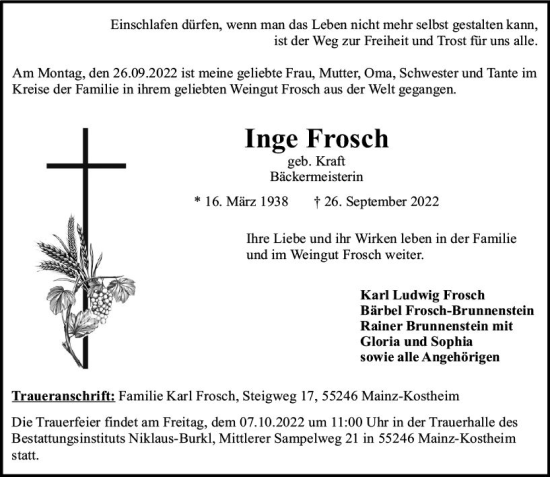 Traueranzeige von Inge Frosch von vrm-trauer Rüsselsheimer Echo / MainSpitze