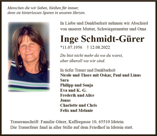 Traueranzeige von Inge Schmidt-Gürer von vrm-trauer Idsteiner Zeitung