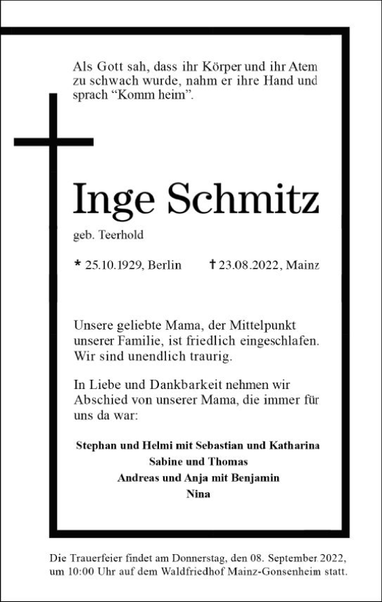 Traueranzeige von Inge Schmitz von vrm-trauer AZ Mainz