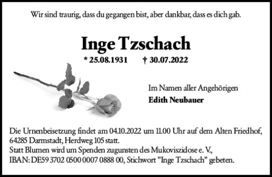 Traueranzeige von Inge Tzschach von vrm-trauer Darmstädter Echo