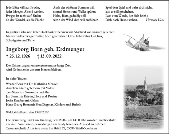 Traueranzeige von Ingeborg Born von vrm-trauer Allg. Zeitung Bad Kreuznach