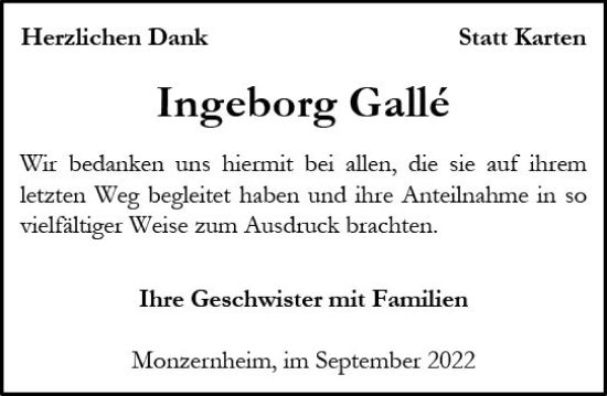 Traueranzeige von Ingeborg Galle von vrm-trauer Wormser Zeitung