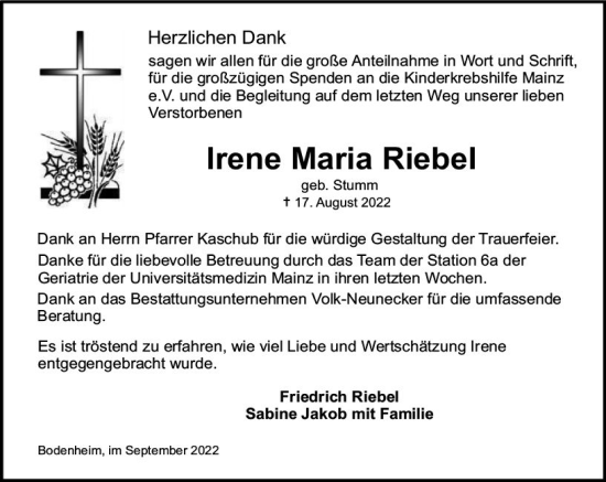 Traueranzeige von Irene Maria Riebel von vrm-trauer AZ Mainz