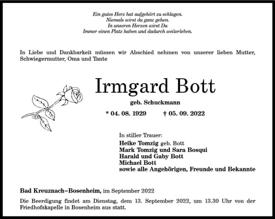 Traueranzeige von Irmgard Bott von vrm-trauer Allg. Zeitung Bad Kreuznach