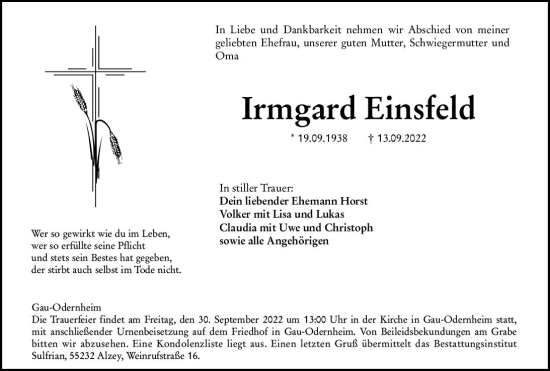 Traueranzeige von Irmgard Einsfeld von vrm-trauer Allgemeine Zeitung Alzey