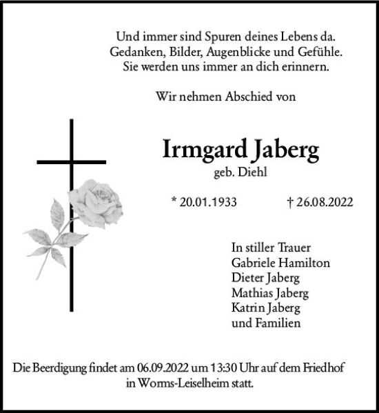 Traueranzeige von Irmgard Jaberg von vrm-trauer Wormser Zeitung