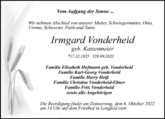 Traueranzeige von Irmgard Vonderheid von vrm-trauer Odenwälder Echo