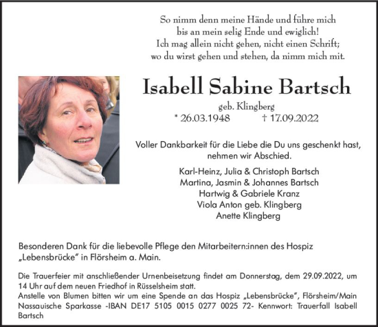 Traueranzeige von Isabell Sabine Bartsch von vrm-trauer Rüsselsheimer Echo / MainSpitze