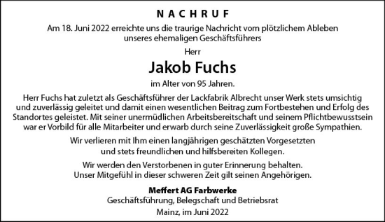 Traueranzeige von Jakob Fuchs von vrm-trauer AZ Mainz