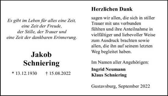 Traueranzeige von Jakob Schniering von vrm-trauer AZ Mainz