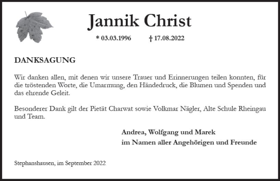 Traueranzeige von Jannik Christ von vrm-trauer Rheingau
