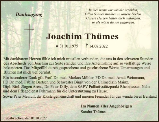 Traueranzeige von Joachim Thümes von vrm-trauer Allg. Zeitung Bad Kreuznach