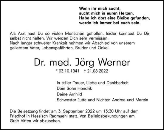Traueranzeige von Jörg Werner von vrm-trauer Allgemeine  Zeitung Ingelheim-Bingen