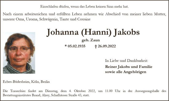 Traueranzeige von Johanna Jakobs von vrm-trauer Allgemeine Zeitung Alzey