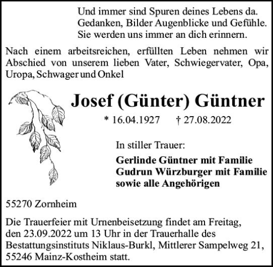 Traueranzeige von Josef Güntner von vrm-trauer AZ Mainz