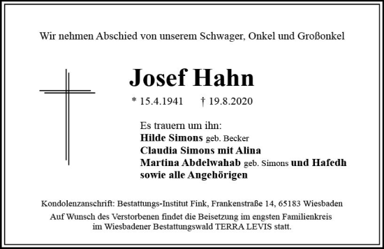 Traueranzeige von Josef Hahn von vrm-trauer Wiesbadener Kurier