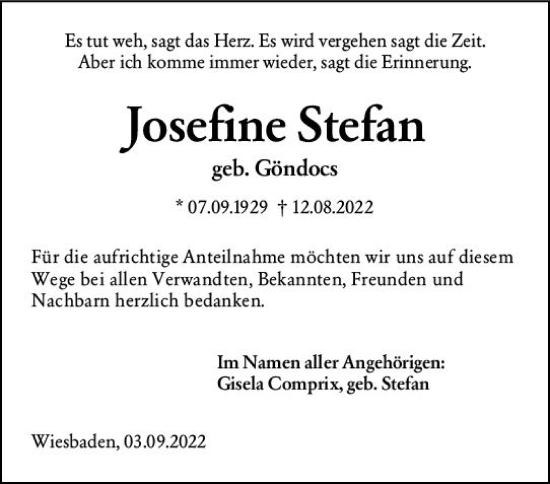 Traueranzeige von Josefine Stefan von vrm-trauer Wiesbadener Kurier