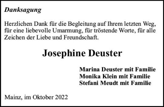 Traueranzeige von Josephine Deuster von vrm-trauer AZ Mainz