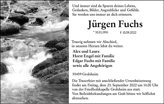 Traueranzeige von Jürgen Fuchs von vrm-trauer Allgemeine  Zeitung Ingelheim-Bingen