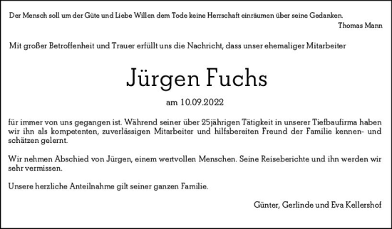 Traueranzeige von Jürgen Fuchs von vrm-trauer Allgemeine  Zeitung Ingelheim-Bingen
