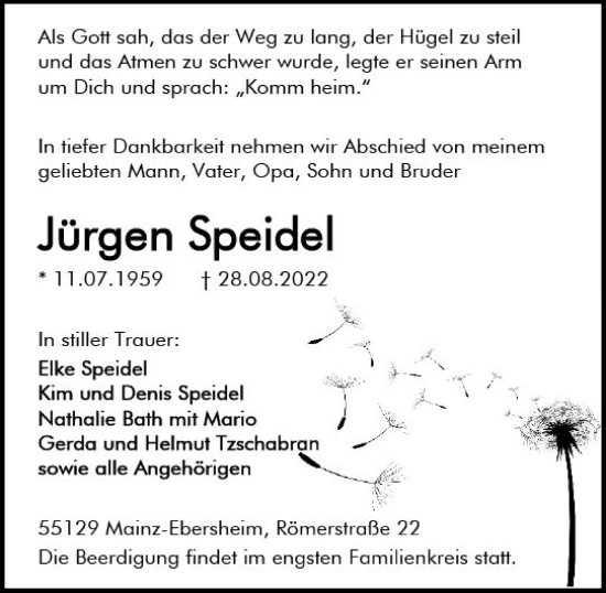 Traueranzeige von Jürgen Speidel von vrm-trauer AZ Mainz