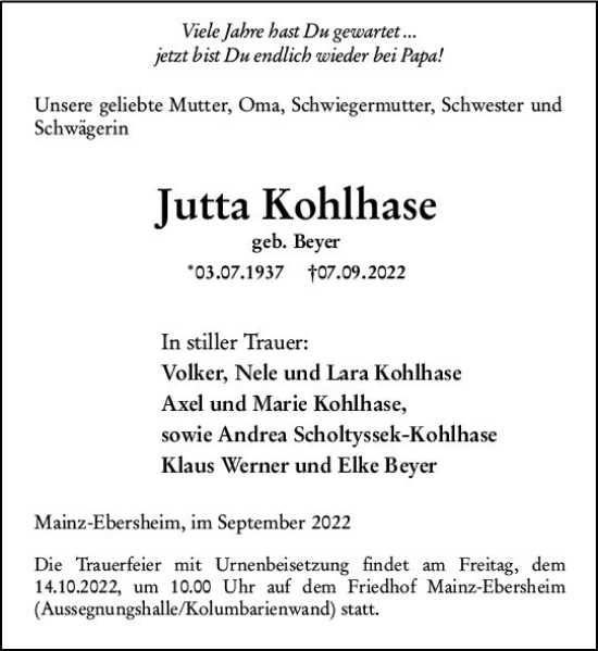 Traueranzeige von Jutta Kohlhase von vrm-trauer AZ Mainz