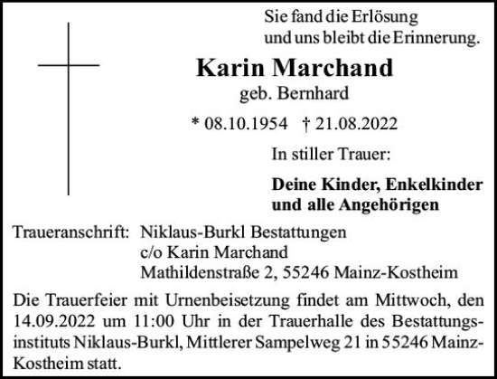 Traueranzeige von Karin Marchand von vrm-trauer AZ Mainz