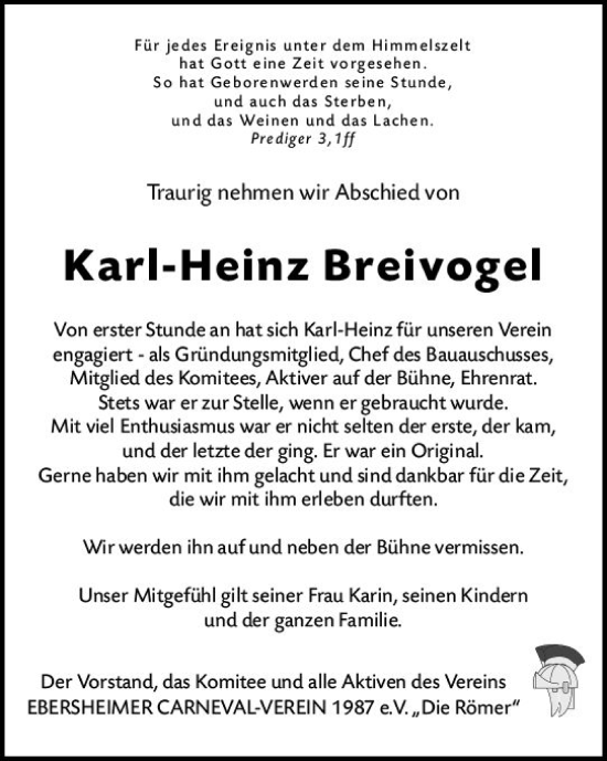 Traueranzeige von Karl-Heinz Breivogel von vrm-trauer AZ Mainz