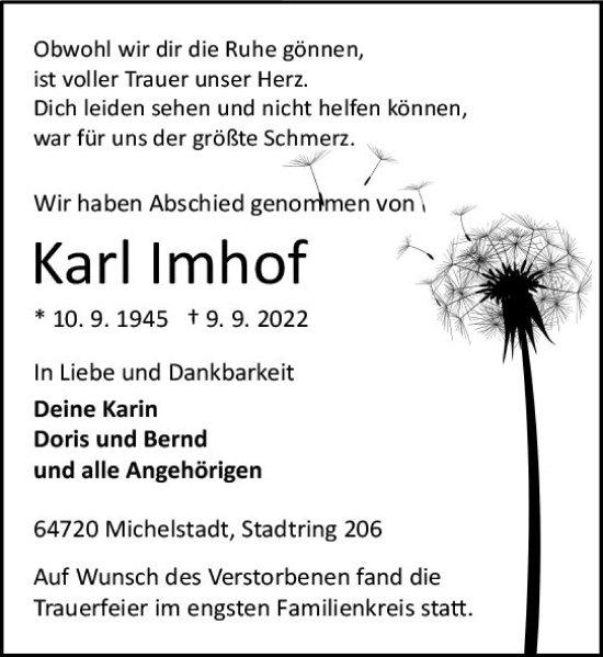 Traueranzeige von Karl Imhof von vrm-trauer Odenwälder Echo