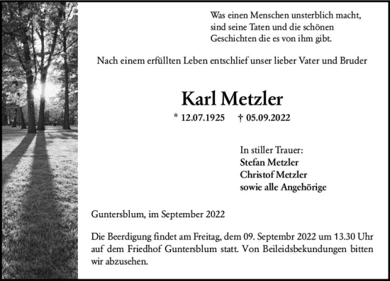 Traueranzeige von Karl Metzler von vrm-trauer AZ Mainz