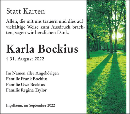 Traueranzeige von Karla Bockius von vrm-trauer Allgemeine  Zeitung Ingelheim-Bingen