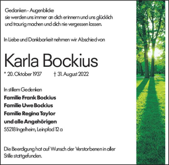 Traueranzeige von Karla Bockius von vrm-trauer Allgemeine  Zeitung Ingelheim-Bingen