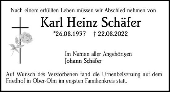 Traueranzeige von Karl Heinz Schäfer von vrm-trauer AZ Mainz