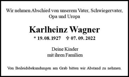 Traueranzeige von Karlheinz Wagner von vrm-trauer Hochheimer Zeitung