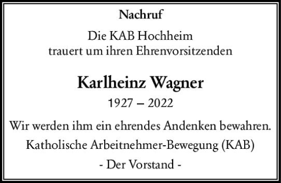 Traueranzeige von Karlheinz Wagner von vrm-trauer Hochheimer Zeitung