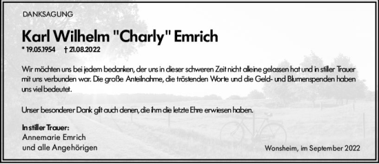 Traueranzeige von Karl Wilhelm Emrich von vrm-trauer Allgemeine Zeitung Alzey
