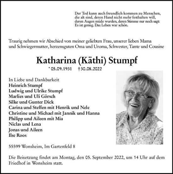 Traueranzeige von Katharina Stumpf von vrm-trauer Allgemeine Zeitung Alzey