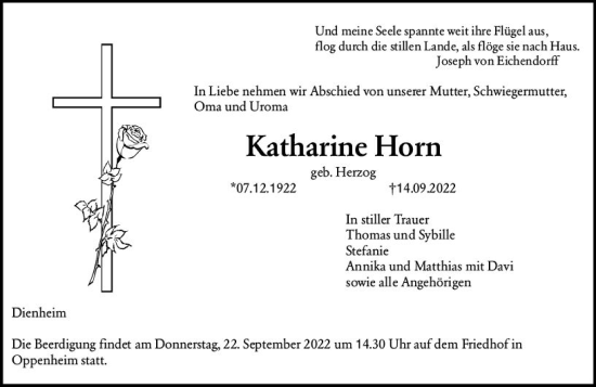 Traueranzeige von Katharine Horn von vrm-trauer AZ Mainz